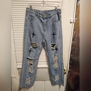 SHEIN Distressed Denim Jeans with Black Star Accents